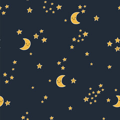 Night sky stars and moon dark background vector seamless pattern.