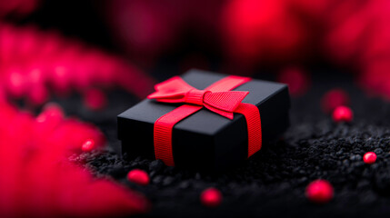Black gift box with a red ribbon sits on a dark textured surface
