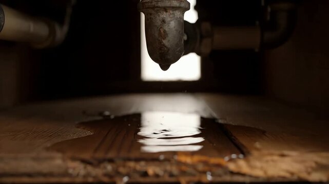 A close up view of a leaky pipe dripping water onto a wooden floor creating a puddle.