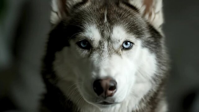 Dramatic close up portrait of a majestic Siberian Husky with striking blue eyes looking at the camera.