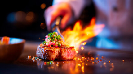 Chef flambeing luxury wagyu beef on teppanyaki grill with fire