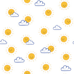 Smiling sun and clouds funny vector seamless pattern, simple and cute print for kids.