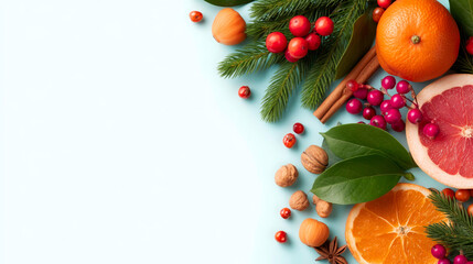 Christmas branches border with christmas decorations isolated on white background