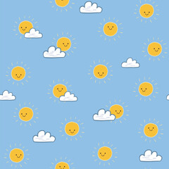 Smiling sun funny vector seamless pattern, simple and cute print for kids.