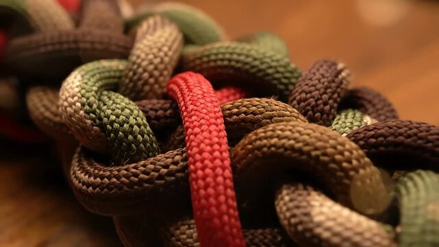 A macro slow pan revealing the intricate texture of a braided paracord survival bracelet in camouflage colors with a red accent