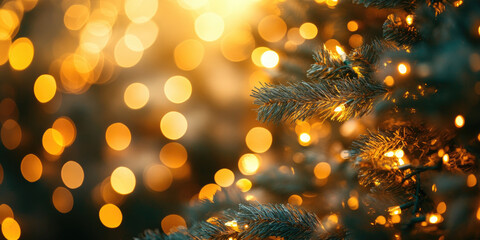 Christmas tree branches twinkling with decorative LED lights creating warm golden bokeh, capturing the festive holiday season ambiance and celebration mood