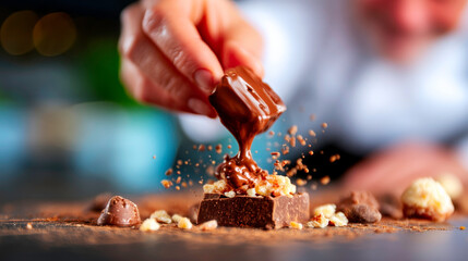 Clean studio shot of a chocolatier tempering chocolate glossy surface focus