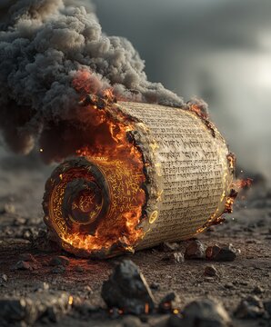 A burning scroll smolders with flames, smoke rising dramatically. The charred edges and glowing embers create an intense, fiery scene. 