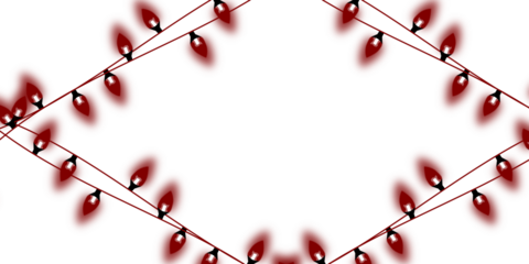 Red glowing Christmas lights forming a decorative diamond frame on a white background.