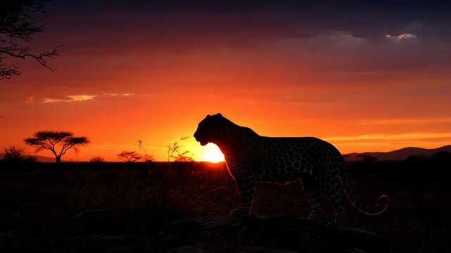 Majestic leopard silhouetted against a vibrant African sunset on a rocky outcrop