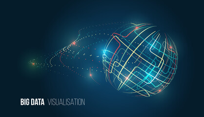 Abstract big data visualization with glowing lines and dots forming a digital globe, symbolizing data flow, analytics, global networks, artificial intelligence and modern information technology.