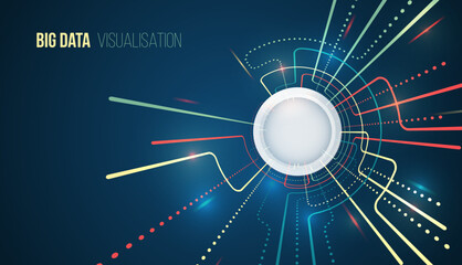 Futuristic big data visualization with colorful lines and dots radiating from a central core, representing data streams, analytics, processing, and digital technology in a modern abstract style.