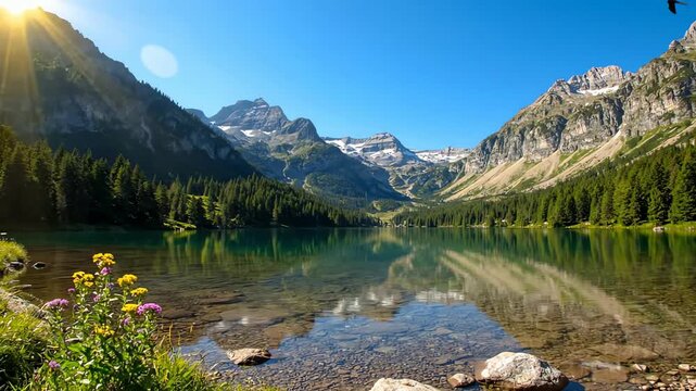 Breathtaking animated view of a serene alpine lake with majestic mountain reflections and clear blue sky