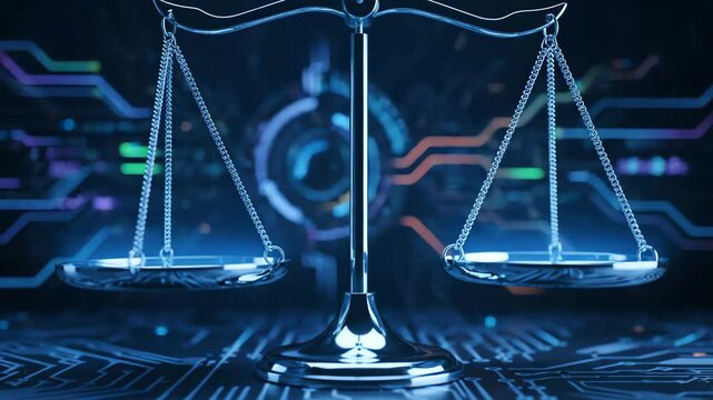 A futuristic animation of the scales of justice against a glowing digital circuit board background symbolizing cyber law and AI ethics.