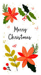 A festive greeting card with a Christmas theme featuring a variety of holiday-related illustrations and the text Merry Christmas