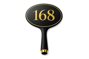 Auction paddle number 168, black and gold, on transparent background.