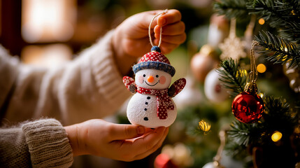 A person is holding a snowman ornament on a string