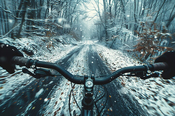 Bicycle handlebars in motion on snowy road surrounded by winter trees and falling snowflakes