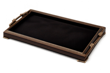 Ornate wooden tray with black interior, transparent background view.