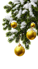 A Christmas tree decorated with gold ornaments and snow