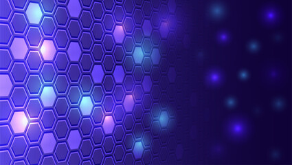 Futuristic abstract background with glowing hexagonal pattern in purple and blue tones, symbolizing digital networks, innovation, technology, and modern science design.