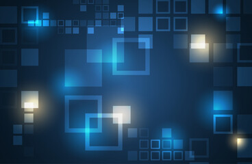 An abstract blue technology background with glowing squares and layered geometric shapes, evoking digital interfaces, data visualization, and a modern futuristic atmosphere.