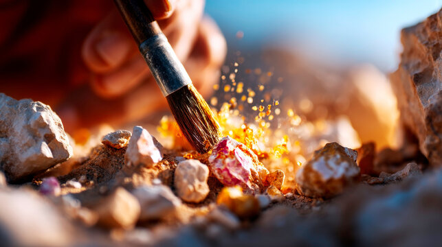 Clean studio shot of an archaeologist excavating artifacts delicate brushes