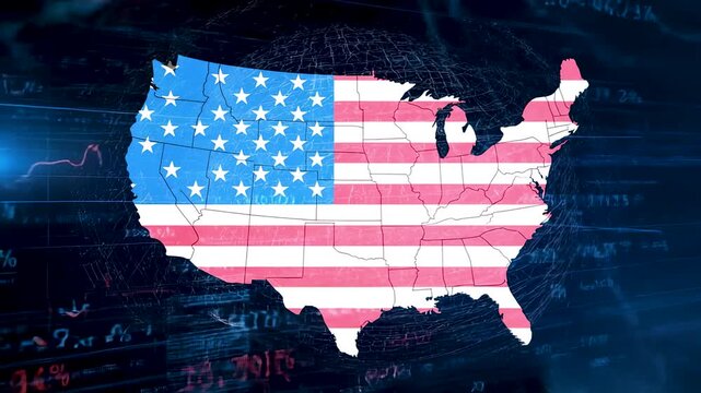 United States map filled with American flag colors over digital data backdrop, national identity display, technology overlay, and modern geopolitical theme