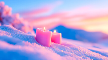 Lit third advent candle standing in white snow with christmas atmosphere