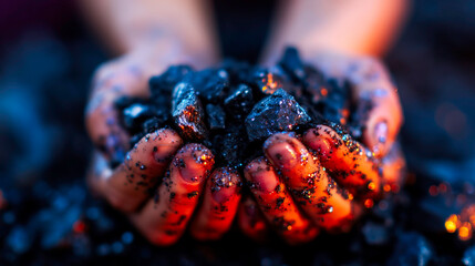 Hands covered in soot grip chunks of coal representing the impact