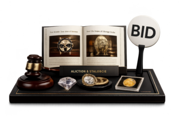 Auction showcase with treasures on a transparent background display.