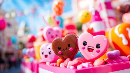 Modern adorable chocolate heart characters in a bustling holiday parade festive