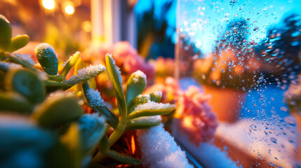 Looking through a frosted glass window at a tranquil winter garden