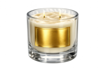 Elegant candle in glass with a gold label on a transparent background.