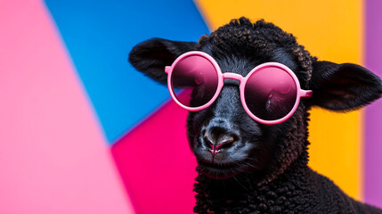 Stylish black lamb wearing pink sunglasses against vibrant geometric background