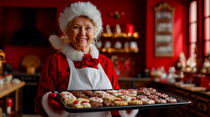 A woman wearing a Santa hat and apron is holding a tray of cookies