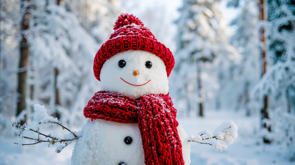 A snowman wearing a red hat and scarf standing in a snowy forest