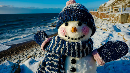 A snowman wearing a blue hat and scarf stands on a rocky beach
