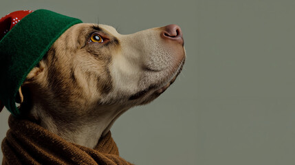 A dog wearing a green hat and a brown scarf