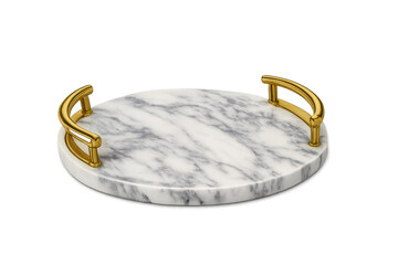 Marble and Gold Tray with Handles on transparent background, circular