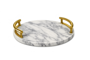 Marble and Gold Tray with Handles on transparent background, circular