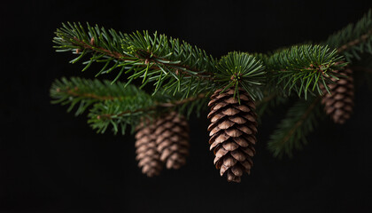 Green spruce limb suspending brown cones in dramatic low key lighting against pitch black void