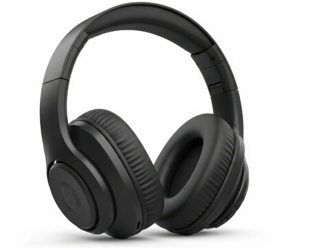 Modern black wireless headphones isolated on white background