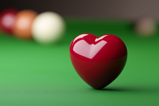 Heart-shaped red billiard ball on green pool table