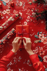 Hands wrapping a red gift box with decorative ribbon on festive floral patterned background
