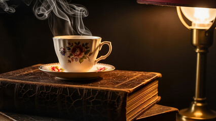 Steaming floral porcelain teacup perched on antique leather book stack beside glowing lamp for vintage dark academia mood