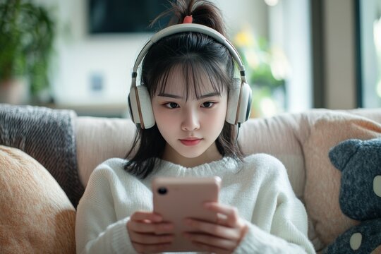 A young woman wearing over-ear headphones is engrossed in her phone screen while sitting comfortably on a couch indoors.