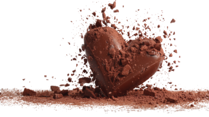 A chocolate heart is crushed into pieces, creating a messy and chaotic scene