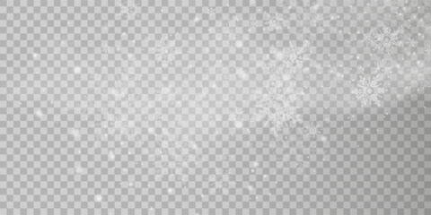 Falling snow on a transparent background. Vector illustration 10 EPS. Abstract snowflake background. Fall of snow.