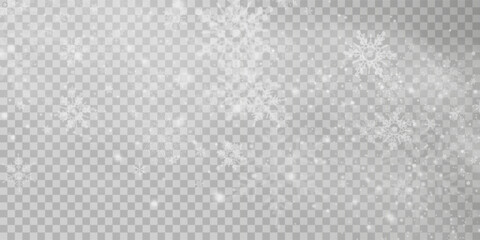 Falling snow on a transparent background. Vector illustration 10 EPS. Abstract snowflake background. Fall of snow.
